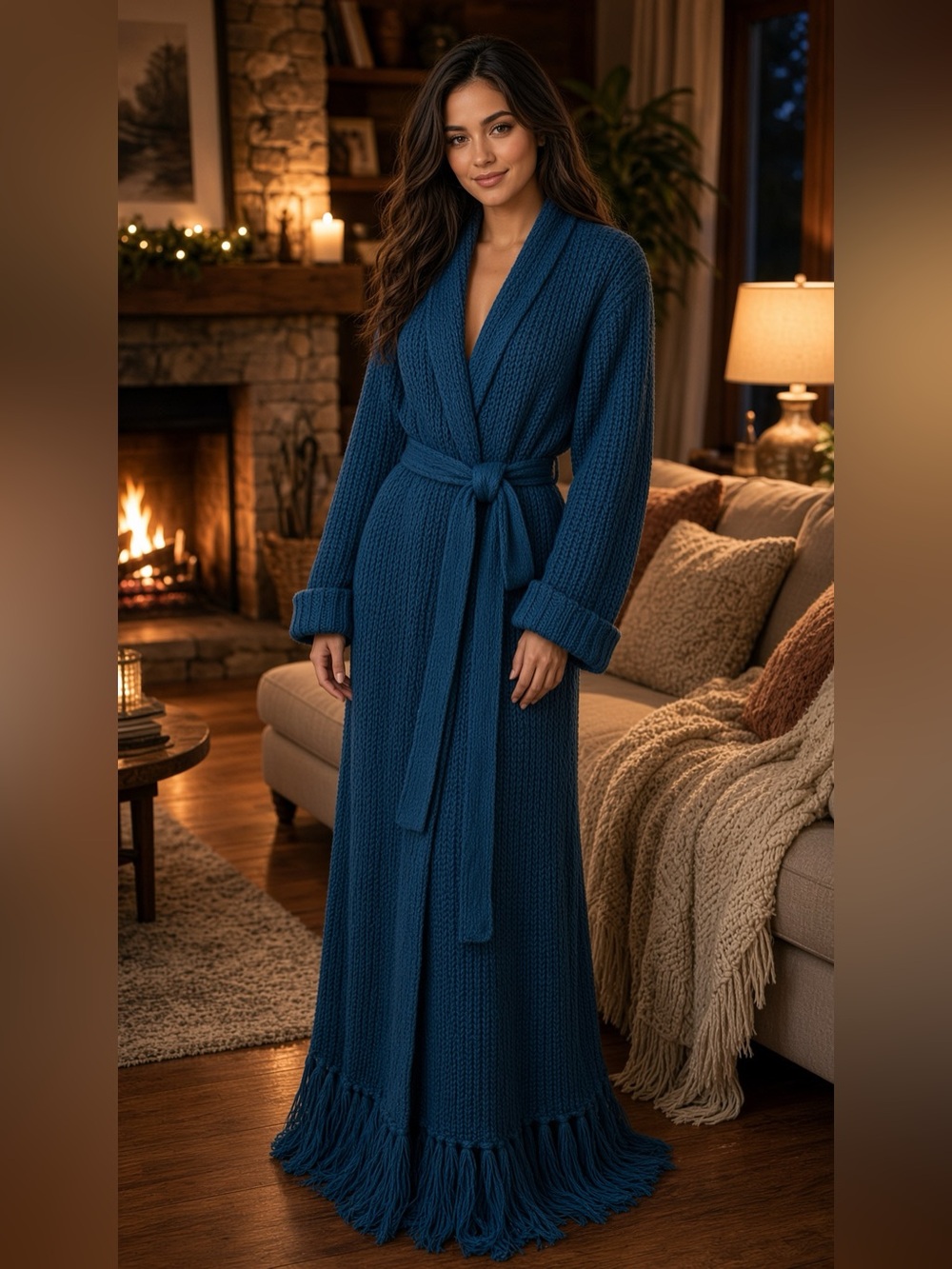 Honifa Miya Plush Long Knit Robe - Deep Teal Blue